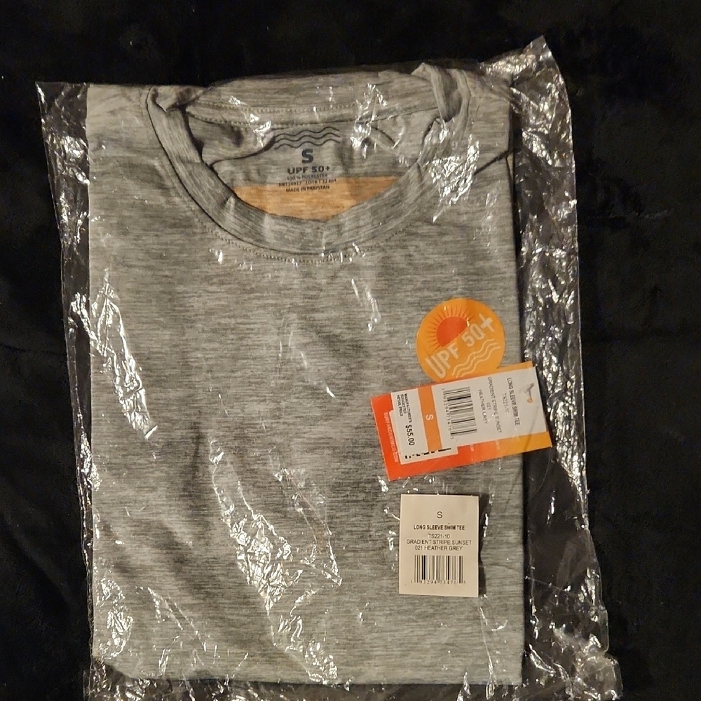Heather Gray Long Sleeve Tee with Orange Gradient Stripe Sunset Design